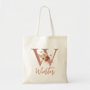 Letter W Blush roze Glitter Floral Monogram Tote Bag