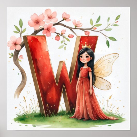 Letter W Crown Princess Fairy Poster Alphabet Art (Voorkant)
