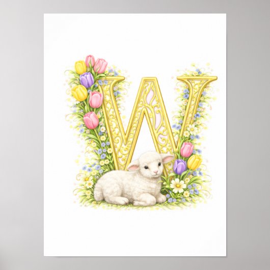 Letter W Gold Spring Nature Monogram Baby Lamb Kid Poster (Voorkant)