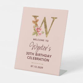 Letter W Gouden Monogram Blush Roze Rozen Bord Reclamebord Met Voetstuk