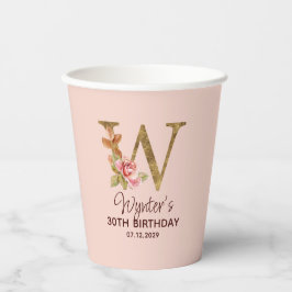 Letter W Gouden Monogram Blush Roze Rozen Papieren Bekers