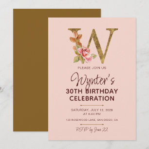 Letter W Gouden Monogram Roze Rozen Kaart