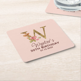 Letter W Gouden Monogram Roze Rozen Kartonnen Onderzetters