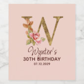 Letter W Gouden Monogram Roze Rozen Wijn Etiket (Enkel label)