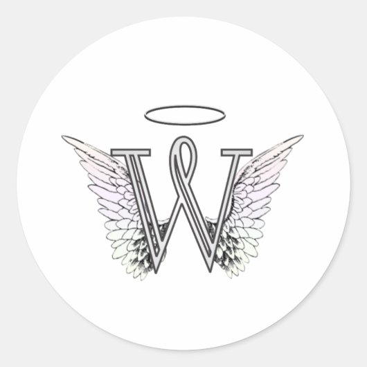 Letter W Initiaal Monogram met Angel Wings & Halo Ronde Sticker (Voorkant)