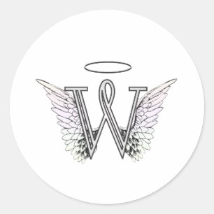 Letter W Initiaal Monogram met Angel Wings & Halo Ronde Sticker