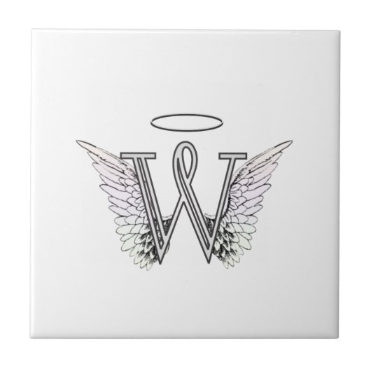 Letter W Initiaal Monogram met Angel Wings & Halo Tegeltje (Voorkant)