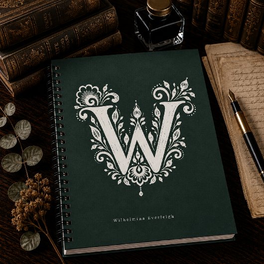Letter W Linocut Botanische Monogram Notitieboek
