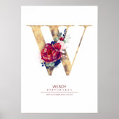 Letter W Monogram Bloemendesign Navyblauw en Wijnr Poster (Voorkant)