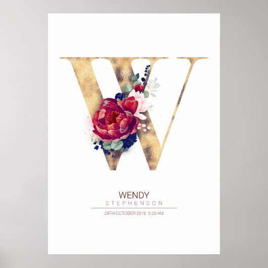 Letter W Monogram Bloemendesign Navyblauw en Wijnr Poster (Voorkant)
