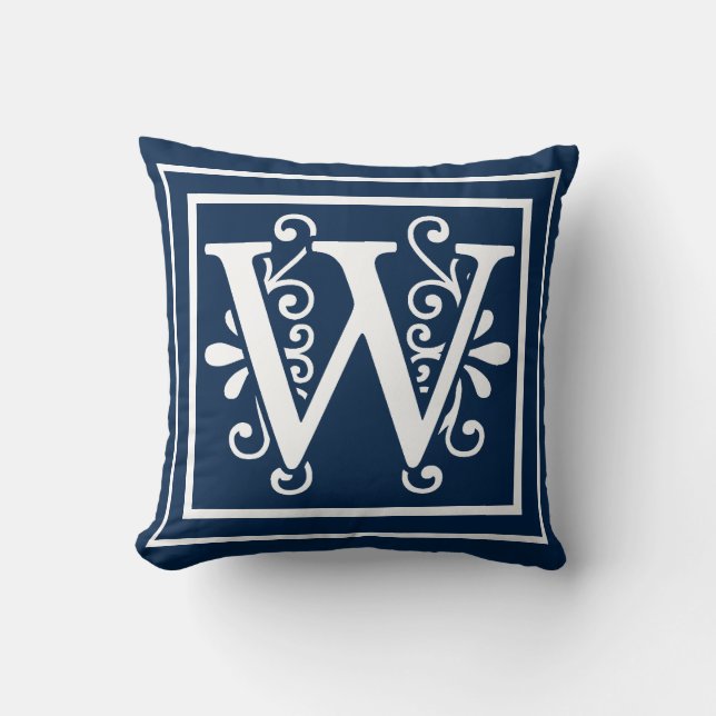 Letter W Monogram Navy Blue White Kussen (Voorkant)