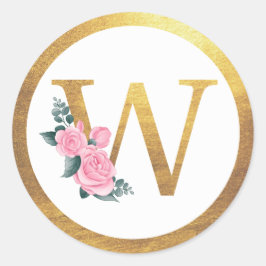Letter W Monogram Roze Rozen Bloemen & Elegant Gou Ronde Sticker