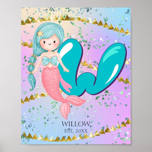 Letter W Monogram Waterverf Cute Mermaid Nursery Poster (Voorkant)