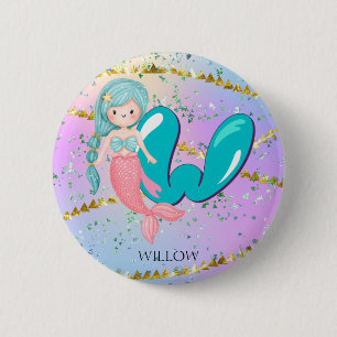 Letter W Monogram Waterverf Cute Mermaid Nursery Ronde Button 5,7 Cm