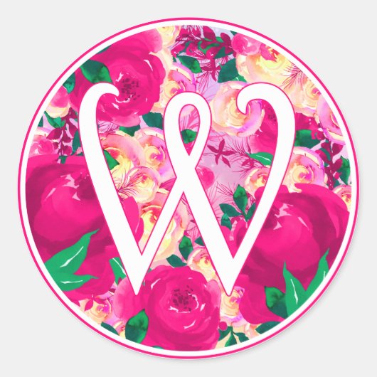 Letter W Roze Waterverf Bloemencirkel Monogram Ronde Sticker (Voorkant)