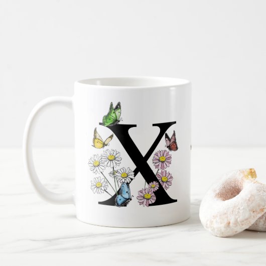 Letter X Bloem Vlinder Monogram Initiaal    Koffiemok (Met donut)