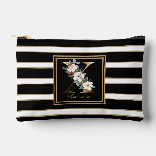 Letter X Floral Monogram Zwart Wit Goud Strepen Etui (Voorkant)
