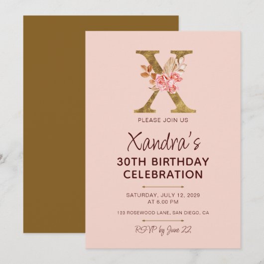 Letter X Gouden Monogram Roze Rozen Kaart (Voorkant / Achterkant)