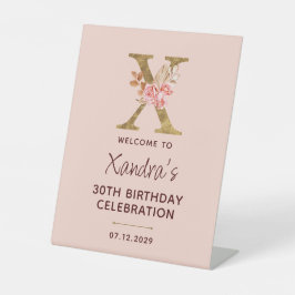 Letter X Gouden Monogram Roze Rozen Teken Reclamebord Met Voetstuk
