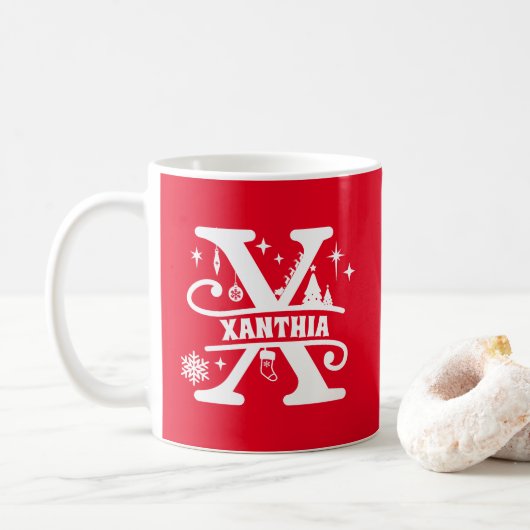 Letter X kerstmonogram Initiaal Naam Rood Koffiemok (Met donut)