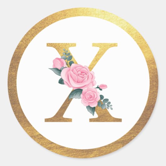Letter X Monogram Roze Rozen Bloemen & Elegant Gou Ronde Sticker (Voorkant)