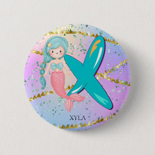 Letter X Monogram Waterverf Cute Mermaid Nursery Ronde Button 5,7 Cm