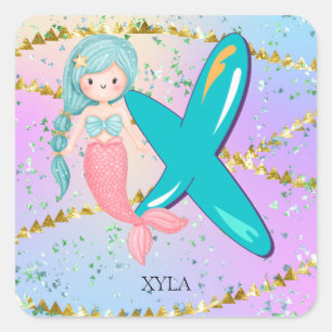 Letter X Monogram Waterverf Cute Mermaid Nursery Vierkante Sticker