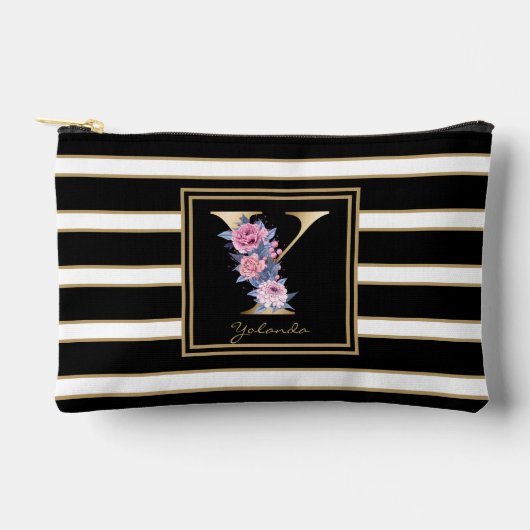 Letter Y Bloemmonogram Zwart Wit Gouden Strepen Etui (Voorkant)