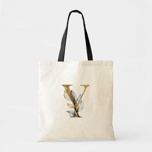 *~* Letter Y Gold Monogram Initial Black Leaves Tote Bag (Voorkant)