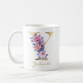 Letter Y Goud Monogram Roze Blauw Bloemen Koffiemok (Links)