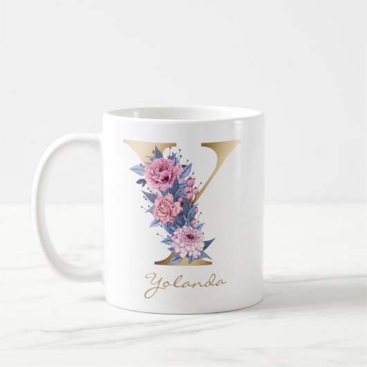 Letter Y Goud Monogram Roze Blauw Bloemen Koffiemok (Links)