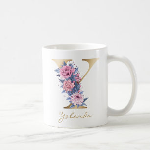 Letter Y Goud Monogram Roze Blauw Bloemen Koffiemok