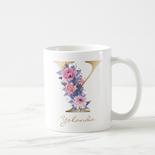 Letter Y Goud Monogram Roze Blauw Bloemen Koffiemok (Rechts)