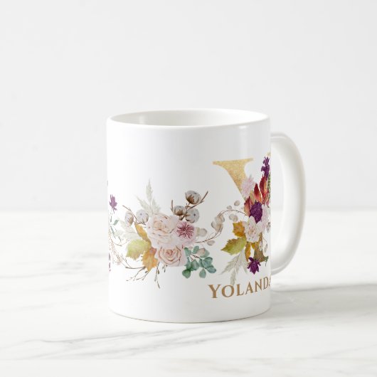 Letter Y - Gouden bloem naam zus collega vriend Koffiemok (Voorkant rechts)