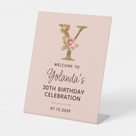 Letter Y Gouden Monogram Roze Rozen Bord Reclamebord Met Voetstuk