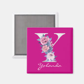 Letter Y Magenta Floral White Metallic Monogram Magneet (Voorkant / Achterkant)