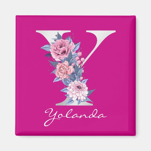 Letter Y Magenta Floral White Metallic Monogram Magneet (Voorkant)