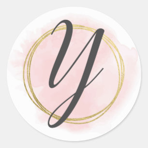 Letter Y Monogram Blush Roze Waterverf Goud Chic Ronde Sticker