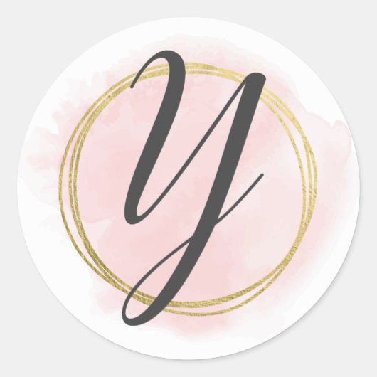 Letter Y Monogram Roze Roze Waterverf Goud Chic Ronde Sticker (Voorkant)