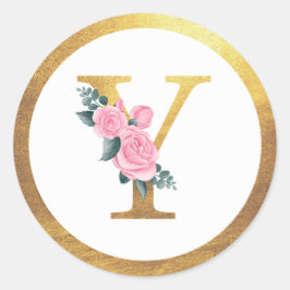 Letter Y Monogram Roze Rozen Bloemen & Elegant Gou Ronde Sticker