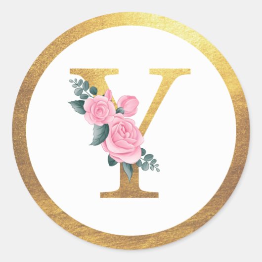 Letter Y Monogram Roze Rozen Bloemen & Elegant Gou Ronde Sticker (Voorkant)