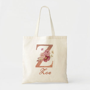 Letter Z Blush roze Glitter Floral Monogram Tote Bag