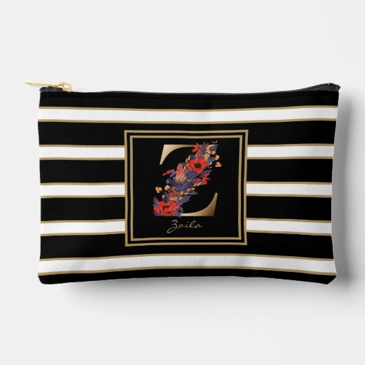 Letter Z Floral Monogram Zwart Wit Goud Strepen Etui (Voorkant)