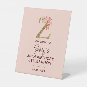 Letter Z Gouden Monogram Roze Rozen Bord Reclamebord Met Voetstuk