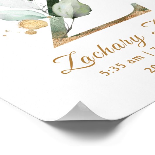 Letter Z Groene en goudbladerselderij Baby Geboort Poster (Hoek)