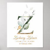 Letter Z Groene en goudbladerselderij Baby Geboort Poster (Voorkant)