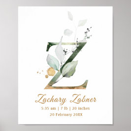Letter Z Groene en goudbladerselderij Baby Geboort Poster