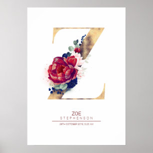 Letter Z Monogram Floral Navy Blue en Burgundy Poster