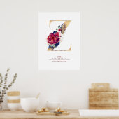 Letter Z Monogram Floral Navy Blue en Burgundy Poster (Keuken)