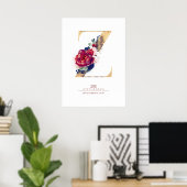Letter Z Monogram Floral Navy Blue en Burgundy Poster (Thuiskantoor)